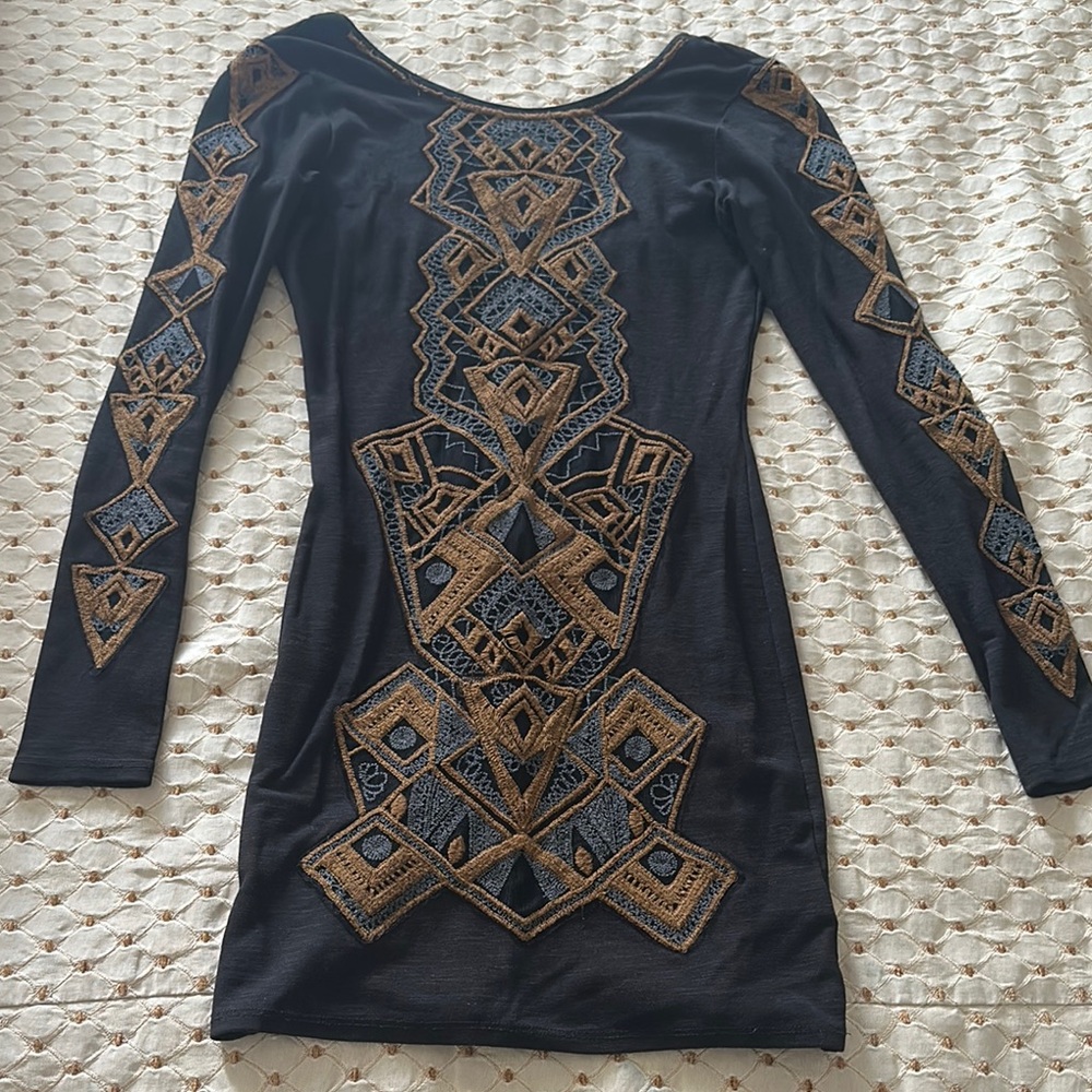 RARE Free People Aztec Bodycon Elegant Black and Gold Geometric Dress